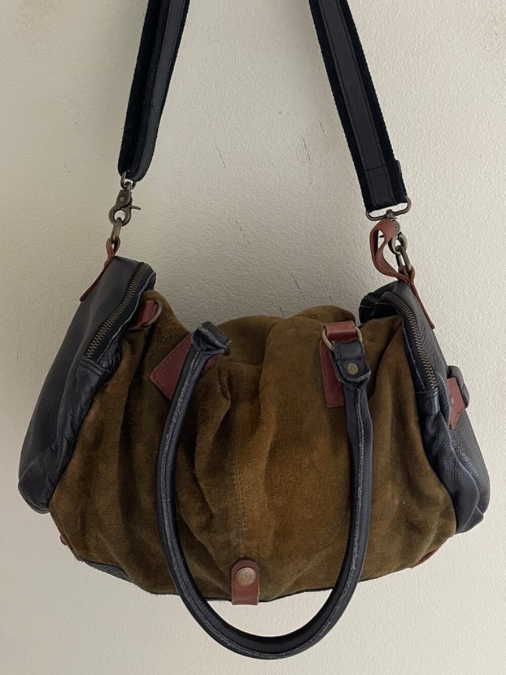 FREE PEOPLE Olive Green Suede with Brown & Black Leather Tote/Travel Bag